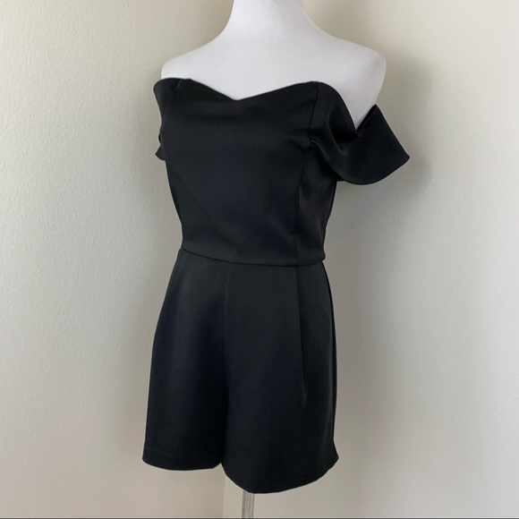 J.O.A. Black Silk Off the Shoulder Romper - Picture 3 of 14
